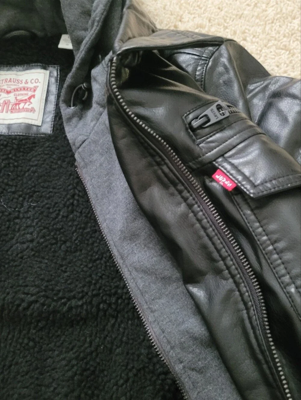 Levi Strauss Mens Black Faux Leather Moto Trucker Hoodie Layer Jacket  L